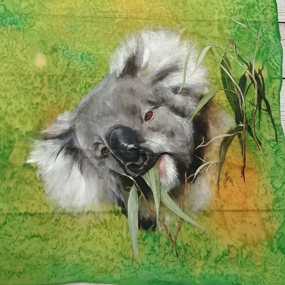 Vintage Green Yellow Handpainted Koala Scarf - Picture 2 of 3